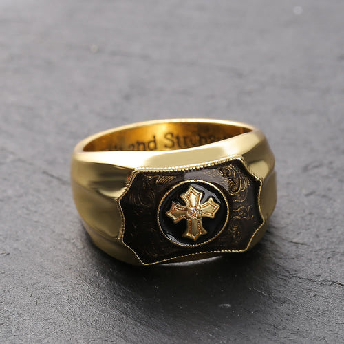 18K Gold Plattiert Kreuz Schwarzer Onyx Geschnitzte Männer Klingeln