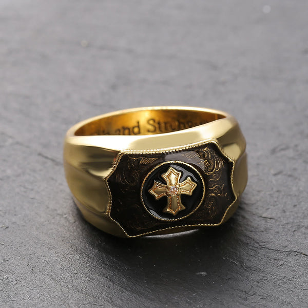 18K Gold Plattiert Kreuz Schwarzer Onyx Geschnitzte Männer Klingeln