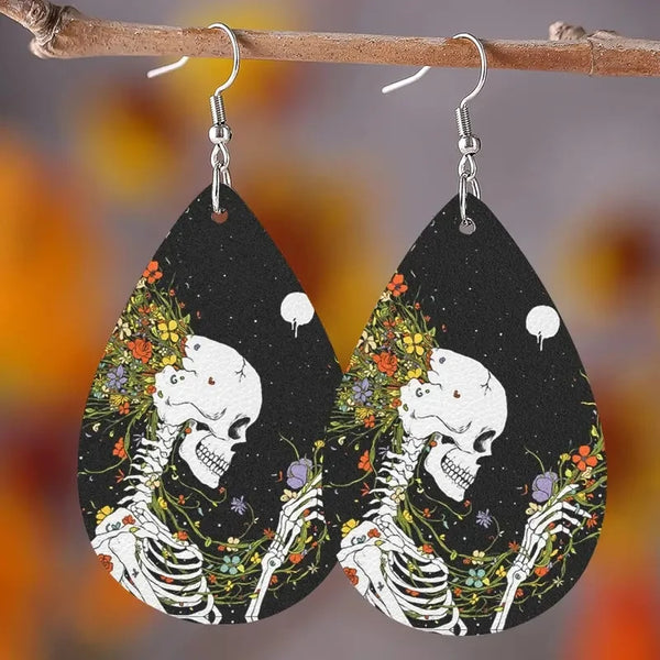 Bohemian Style PU Leather Skull Print Drop Earrings für Männer und Frauen