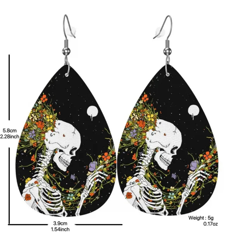 Bohemian Style PU Leather Skull Print Drop Earrings für Männer und Frauen