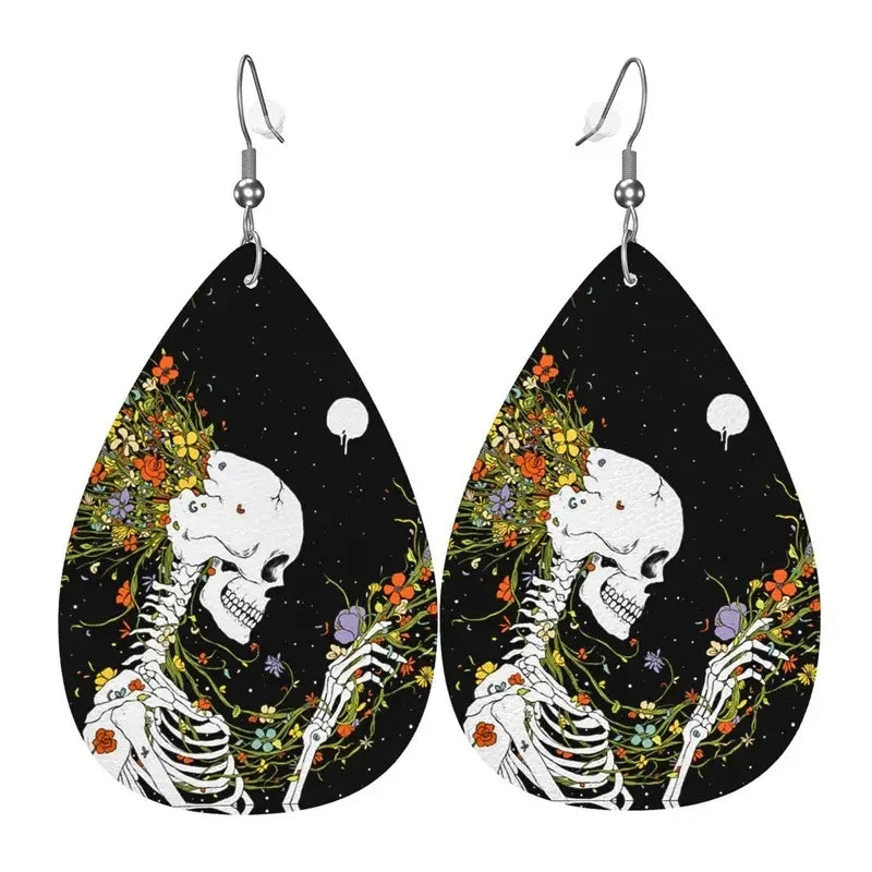 Bohemian Style PU Leather Skull Print Drop Earrings für Männer und Frauen