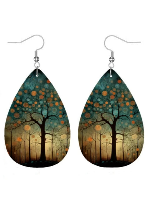 Bohemian Style PU Leather Droplet Earrings with Big Tree Print