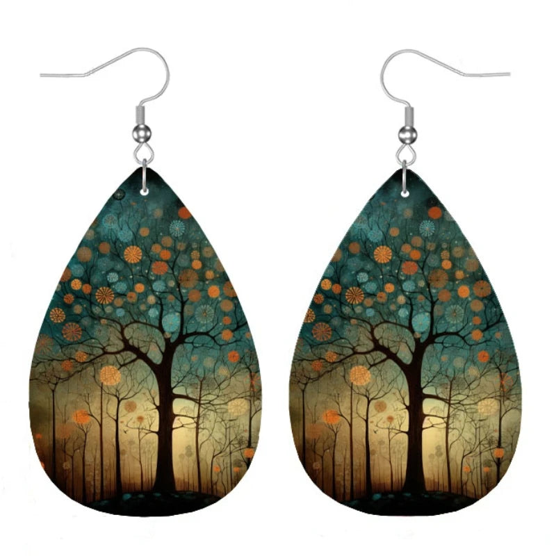 Bohemian Style PU Leather Droplet Earrings with Big Tree Print