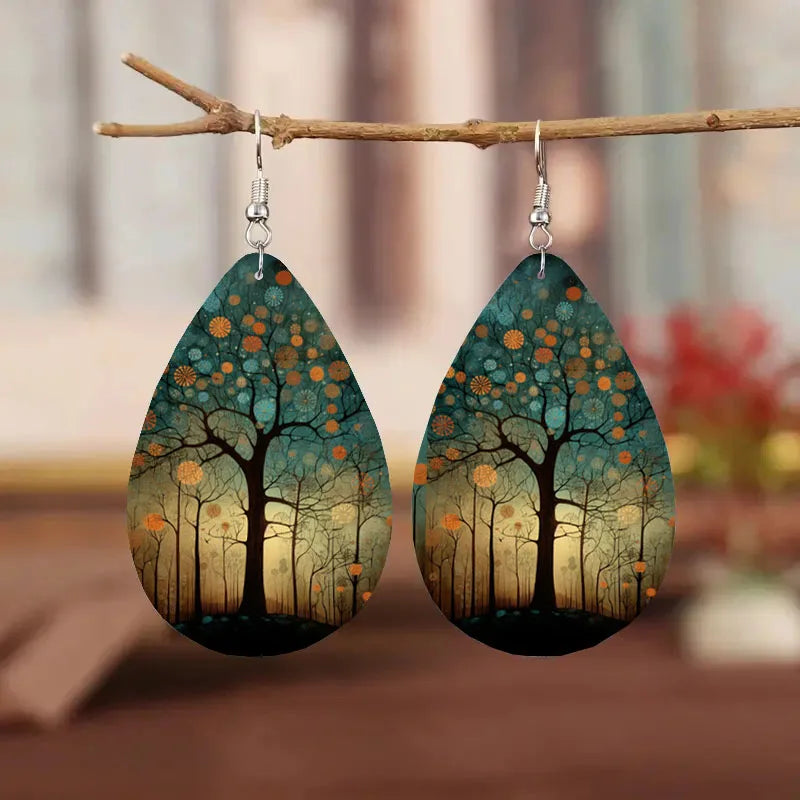 Bohemian Style PU Leather Droplet Earrings with Big Tree Print