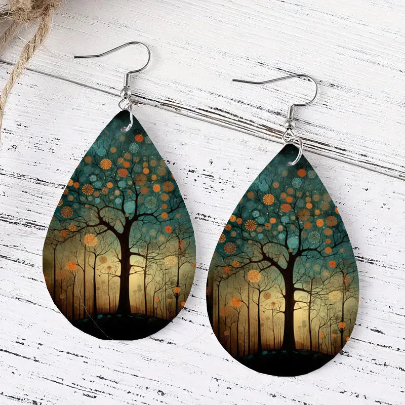 Bohemian Style PU Leather Droplet Earrings with Big Tree Print