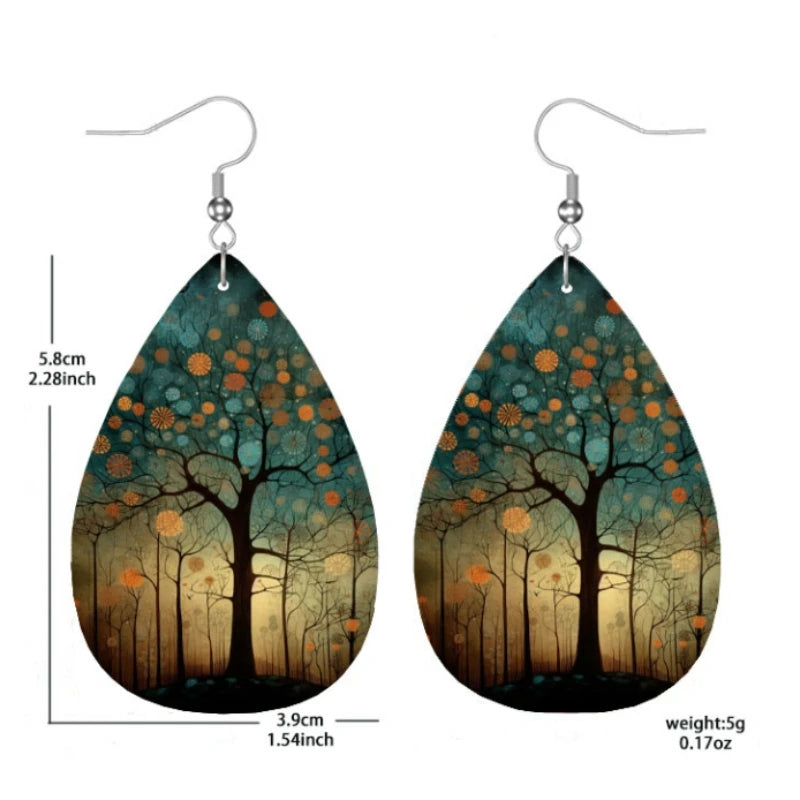 Bohemian Style PU Leather Droplet Earrings with Big Tree Print
