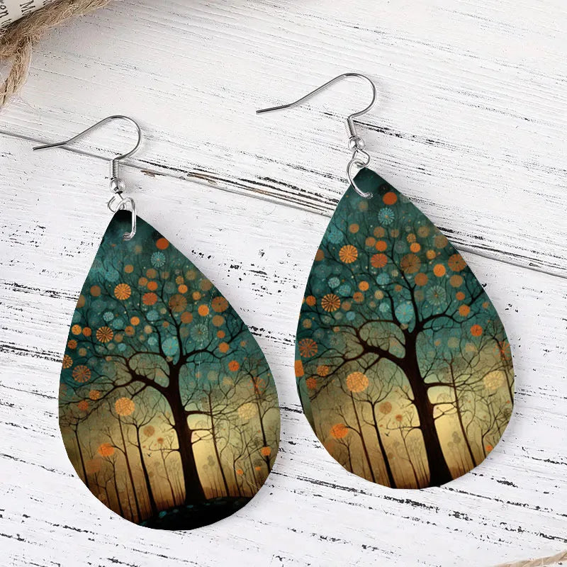 Bohemian Style PU Leather Droplet Earrings with Big Tree Print