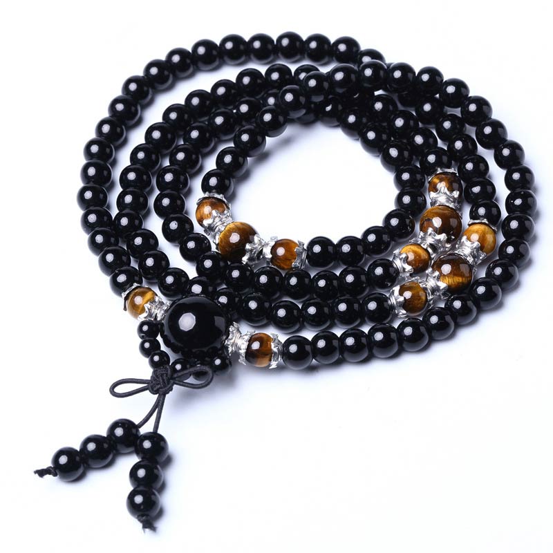 Chavri 108 Perlen natürliches schwarzes Obsidian-Tigerauge-Mala-Armband