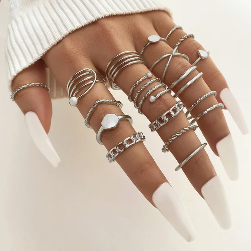 Mode Silber Farbe Metall Ringe Set Herz Schmetterling Blätter Blume Kristall Trendy Finger Ring für Frauen Schmuck Geschenke