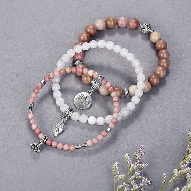 Chavri 3PCS natürliches Quarzkristall-Perlen-Heilenergie-Lotus-Armband