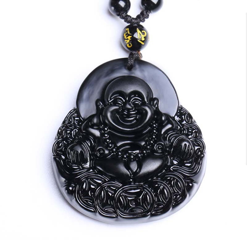 Chavri Lachender Buddha Halskette mit schwarzem Obsidian-Stärkeschutz-Anhänger