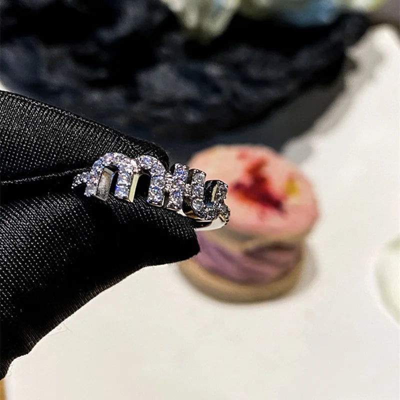 Korean New Letter M Crystal Zircon Adjustable Ring for Women