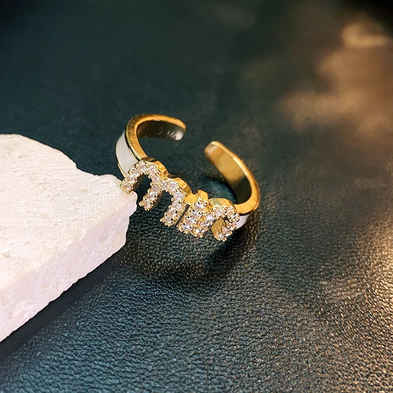 Korean New Letter M Crystal Zircon Adjustable Ring for Women