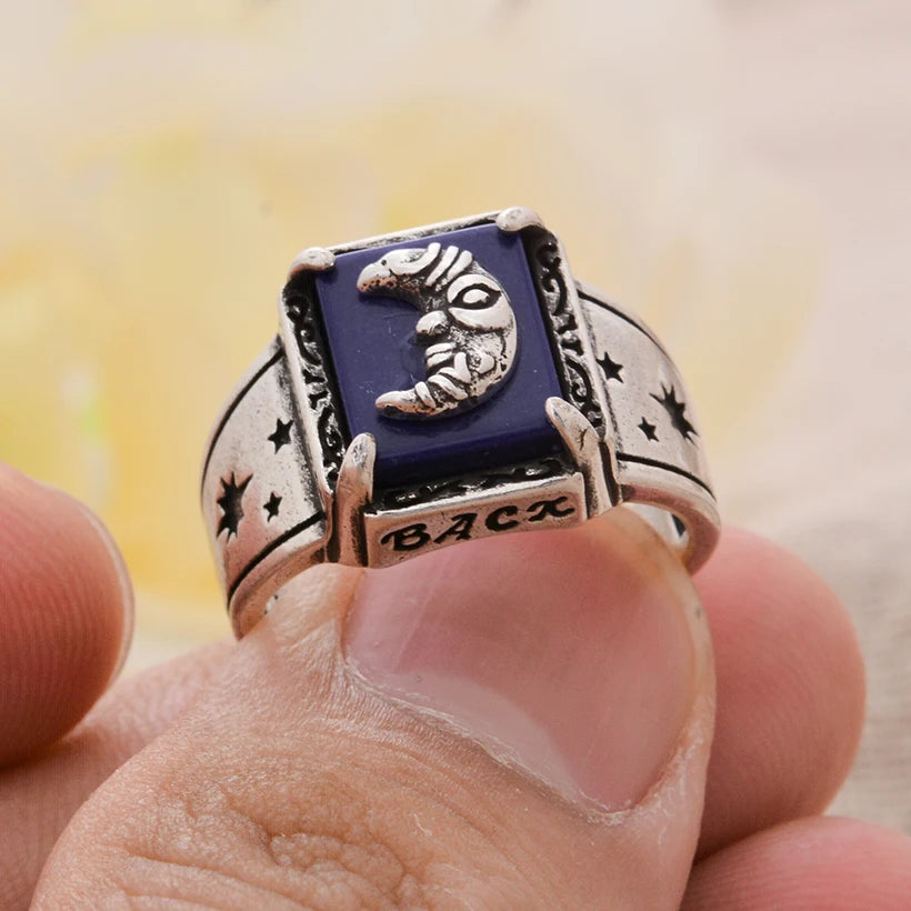 Eleganter Lapislazuli-Stein-Mond-Design Retro Thai Silber Damenring Schmuck für Frauen Geschenke