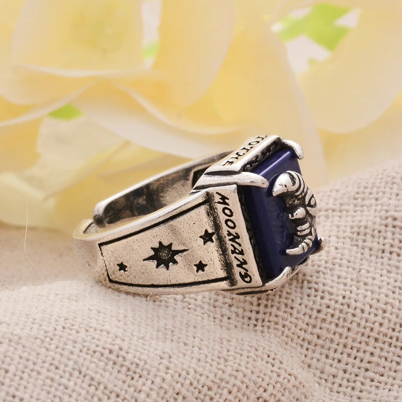 Eleganter Lapislazuli-Stein-Mond-Design Retro Thai Silber Damenring Schmuck für Frauen Geschenke