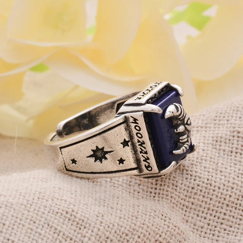 Eleganter Lapislazuli-Stein-Mond-Design Retro Thai Silber Damenring Schmuck für Frauen Geschenke