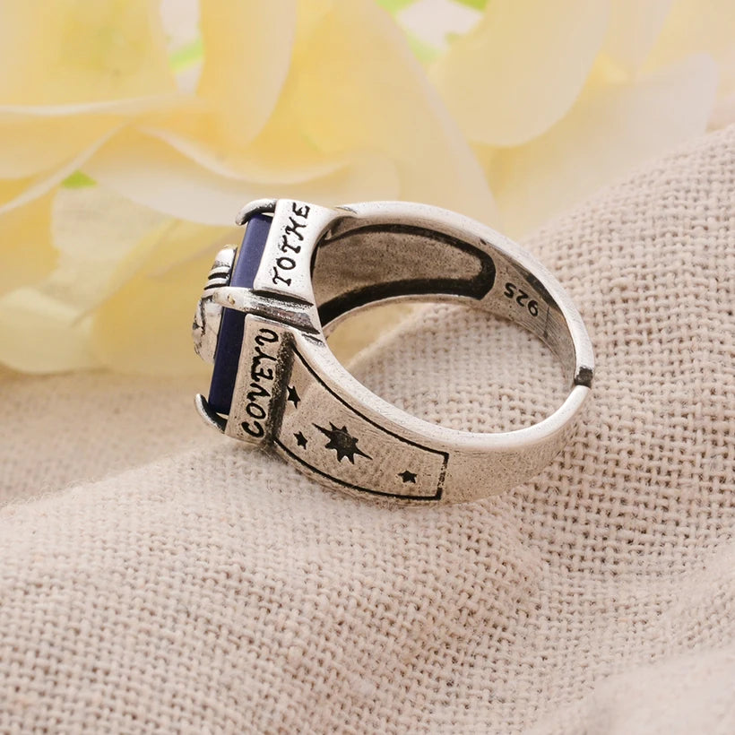 Eleganter Lapislazuli-Stein-Mond-Design Retro Thai Silber Damenring Schmuck für Frauen Geschenke