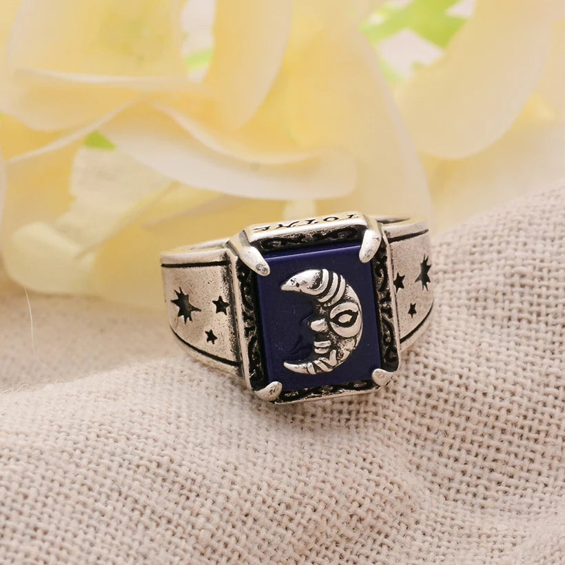 Eleganter Lapislazuli-Stein-Mond-Design Retro Thai Silber Damenring Schmuck für Frauen Geschenke