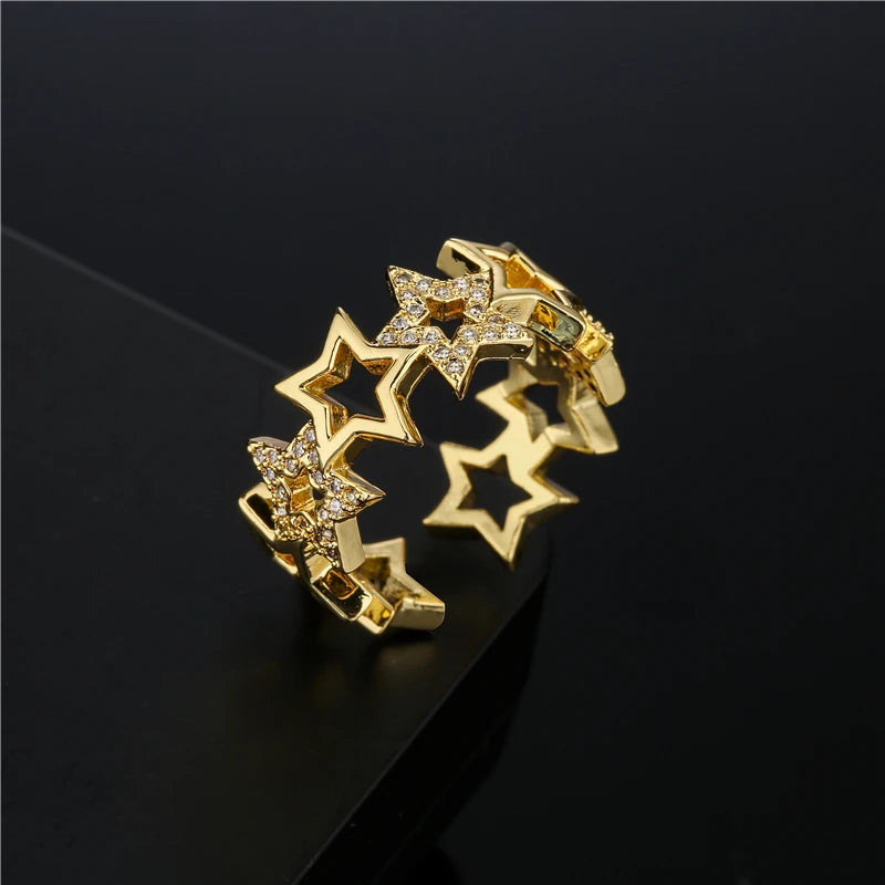 Neuer Modischer Hohl-Design Stern Charme Ring für Frauen Mädchen Goldfarbener Kupfer Party Ring Femme Bijoux Dropshipping
