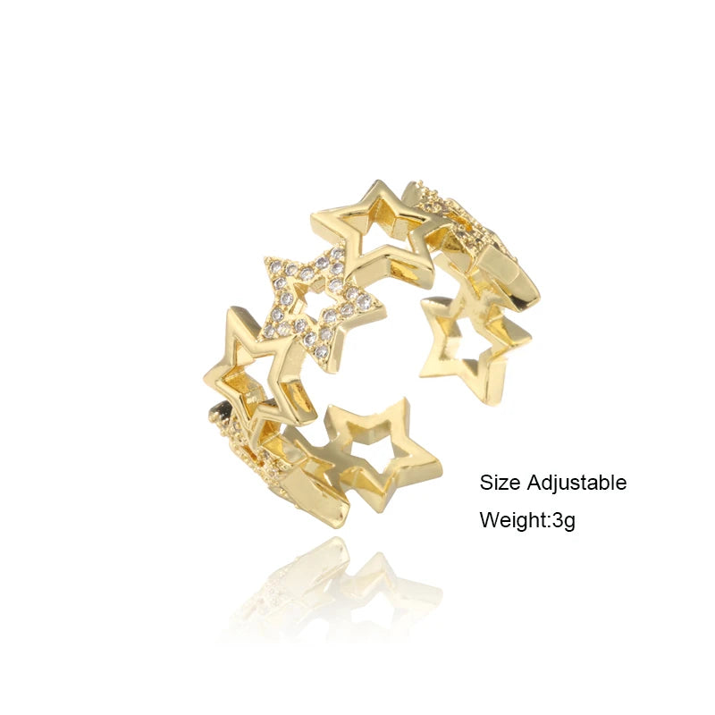 Neuer Modischer Hohl-Design Stern Charme Ring für Frauen Mädchen Goldfarbener Kupfer Party Ring Femme Bijoux Dropshipping