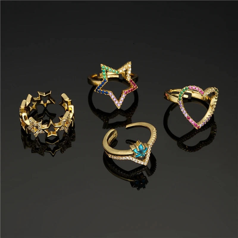 Neuer Modischer Hohl-Design Stern Charme Ring für Frauen Mädchen Goldfarbener Kupfer Party Ring Femme Bijoux Dropshipping