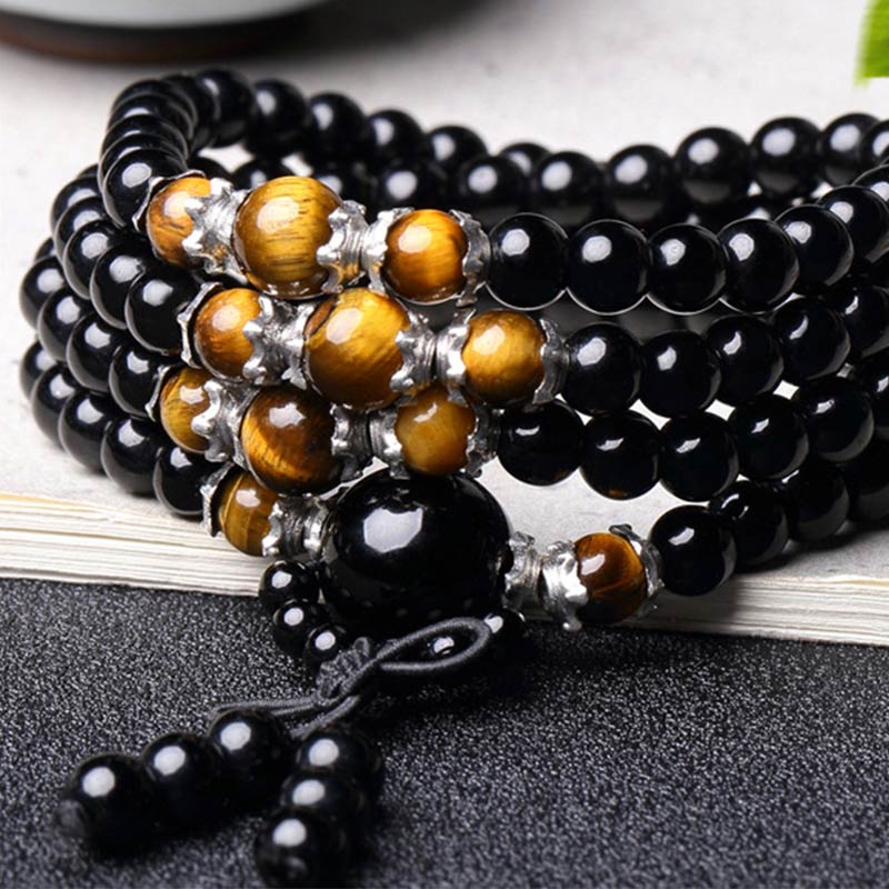 Chavri 108 Perlen natürliches schwarzes Obsidian-Tigerauge-Mala-Armband