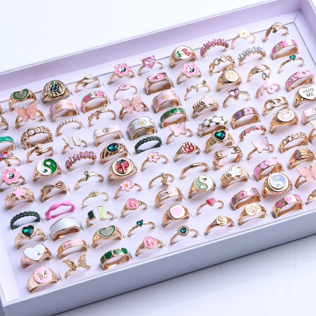 Bunte Tropfenöl-Ring-Sets für Frauen und Mädchen - 20 Stück, verschiedene Stile - Schmetterling, Blume, Herz - Schmuck für Partygeschenke