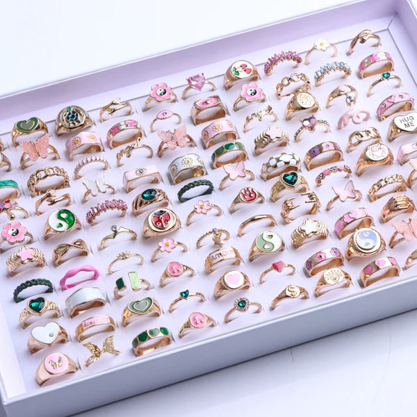 Bunte Tropfenöl-Ring-Sets für Frauen und Mädchen - 20 Stück, verschiedene Stile - Schmetterling, Blume, Herz - Schmuck für Partygeschenke