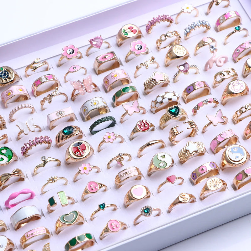 Bunte Tropfenöl-Ring-Sets für Frauen und Mädchen - 20 Stück, verschiedene Stile - Schmetterling, Blume, Herz - Schmuck für Partygeschenke