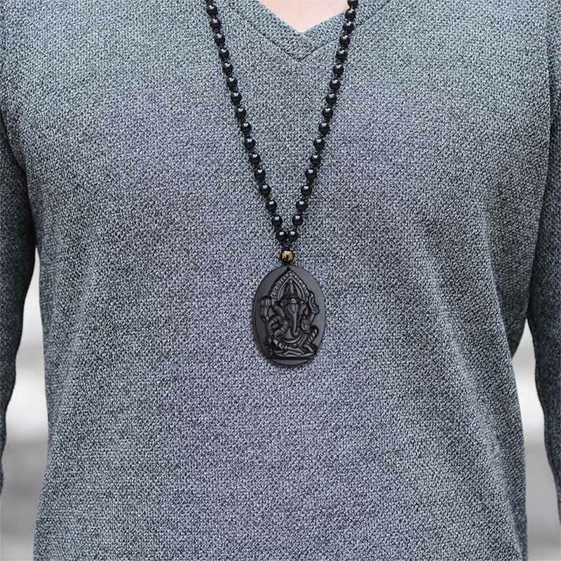 Chavri tibetischer Obsidian Ganesh Ganpati Elefant Reichtum Amulett Halskette