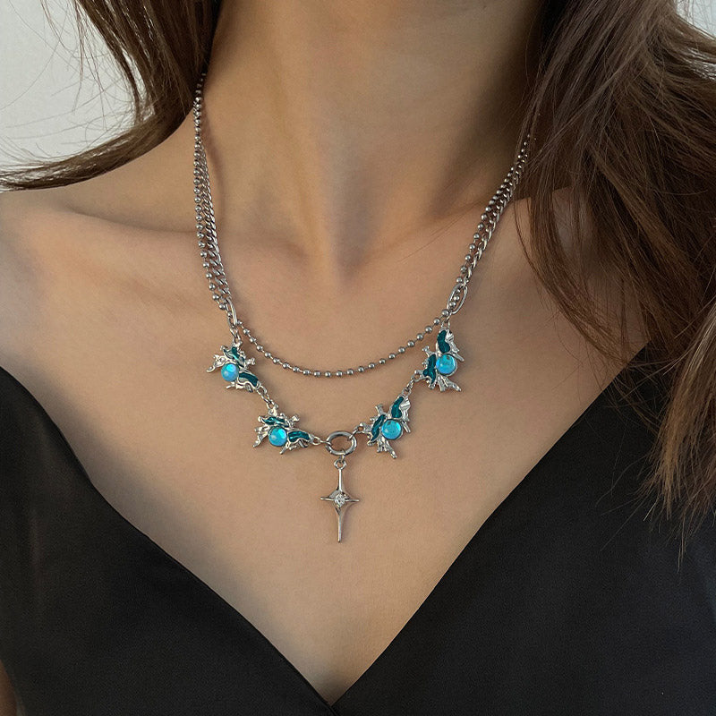 Blue Moonstone Cross Star Halskette