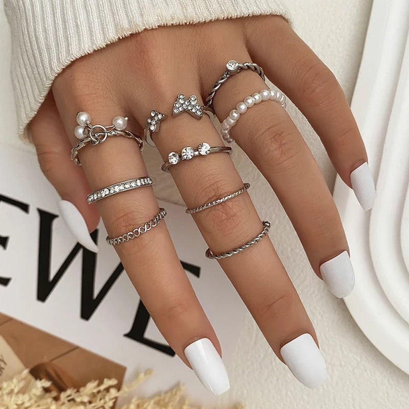 Mode Silber Farbe Metall Ringe Set Herz Schmetterling Blätter Blume Kristall Trendy Finger Ring für Frauen Schmuck Geschenke