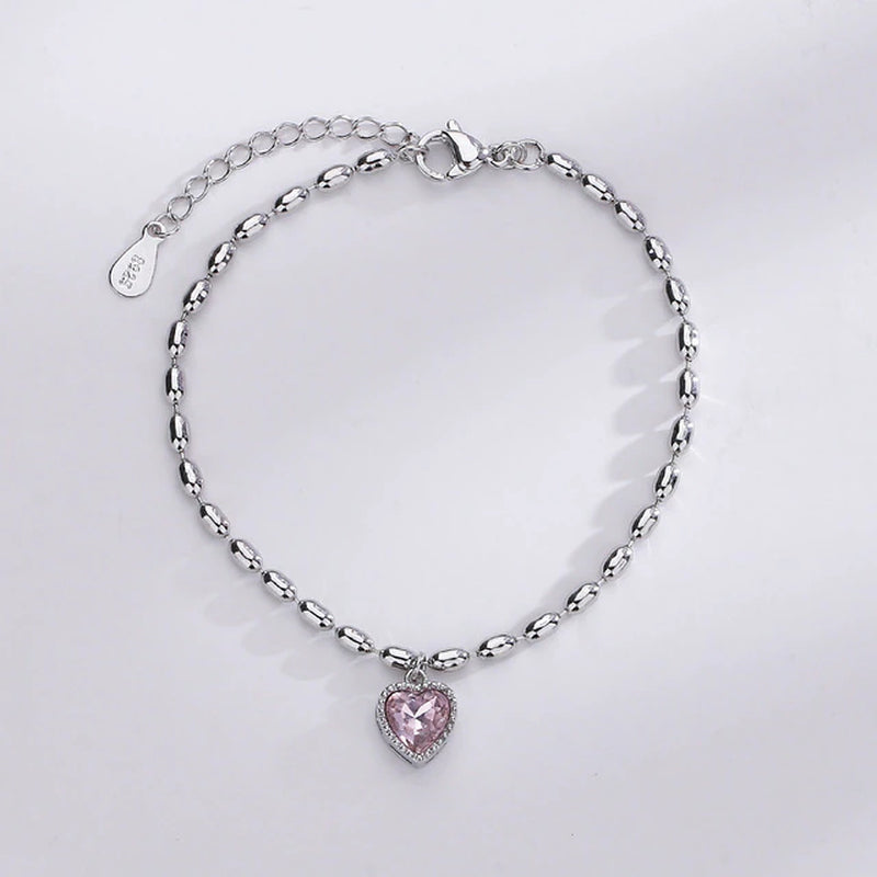 Armband aus Sterlingsilber mit doppeltem Liebesherz und hohlen runden Perlen