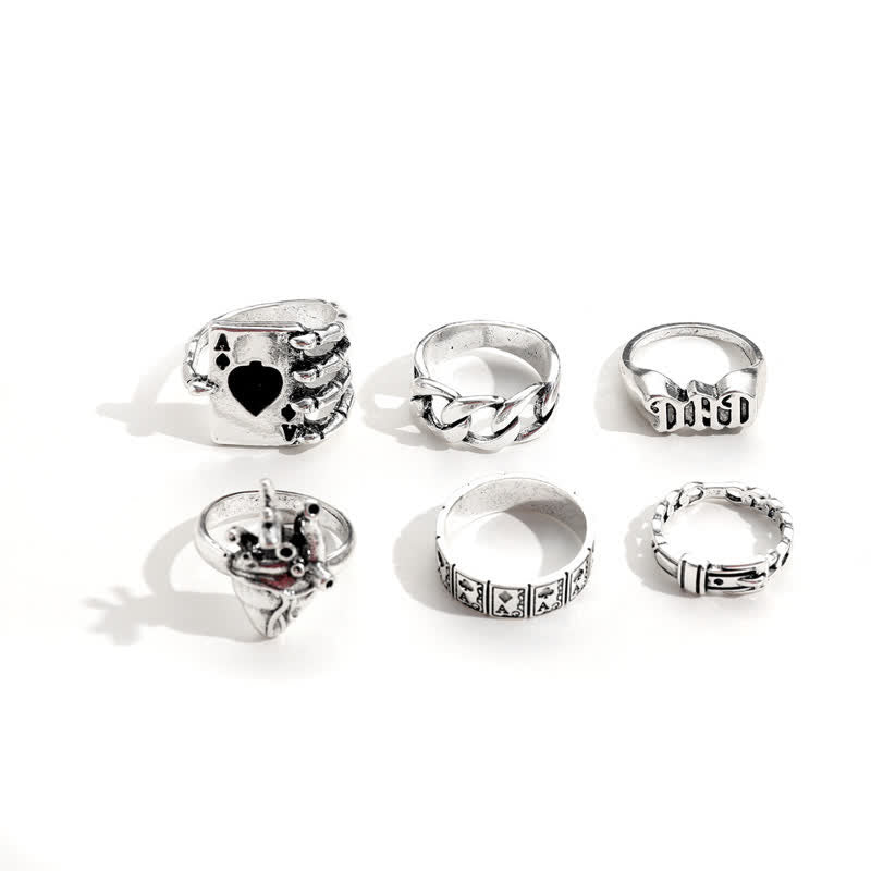 6Pcs Endgy Goth Poker Dad Ring Set