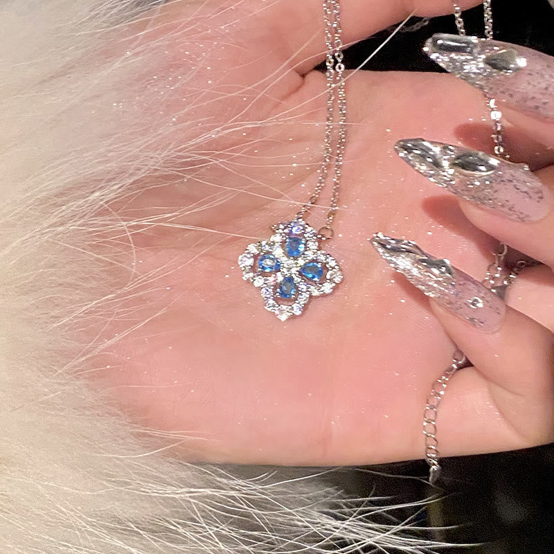 Vier Blattklee Mit Zirkon Aquamarin -Halskette