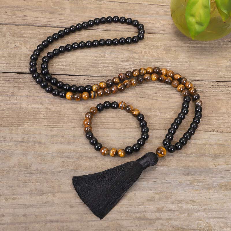 Chavri Tibetisches schwarzes Onyx-Tigeraugenschutz-Halsketten-Mala-Set