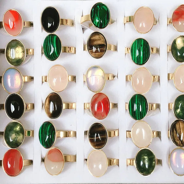 Vintage Natürlicher Ovaler Bunter Stein Edelstahl Ring Gold Silber Herren und Damen Mode Ehering Geburtstagsgeschenk