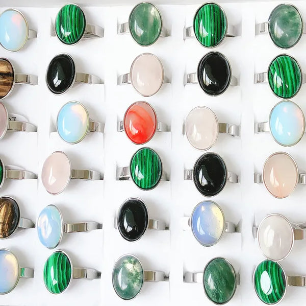 Vintage Natürlicher Ovaler Bunter Stein Edelstahl Ring Gold Silber Herren und Damen Mode Ehering Geburtstagsgeschenk