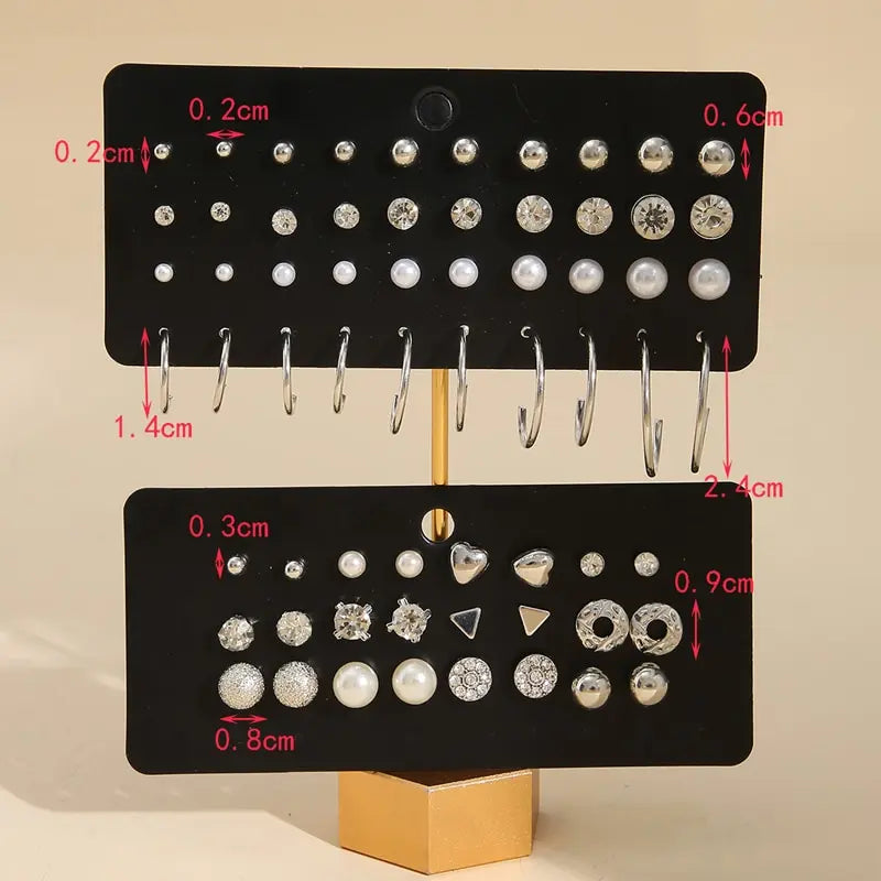 Perlen Zirkon Ohrstecker | Set mit 6 Paar Perlenohrringen - 32 Zirkon Perlen - Einfach und Elegant