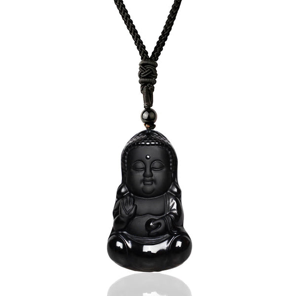 Chavri Natürlicher schwarzer Obsidian-Kristall, Buddha-Stärke, Schutz-Amulett, Glücksbringer-Anhänger-Halskette
