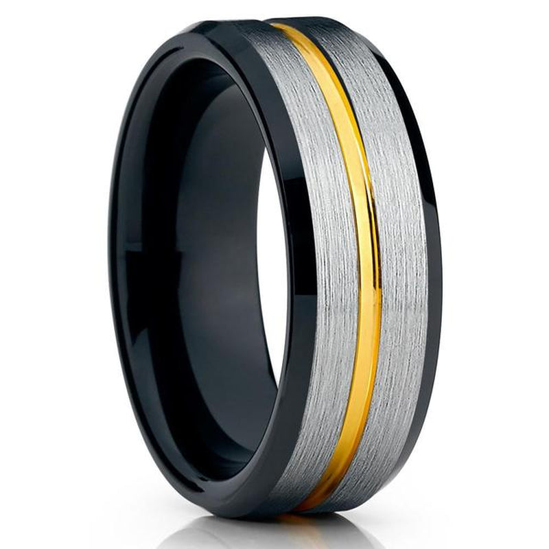 Mode Männer 8Mm Gold Farbe Nut Abgeschrägte Kante Wolfram Hochzeit Carbon Faser Ring Punk Zahnrad Edelstahl Ring für Männer