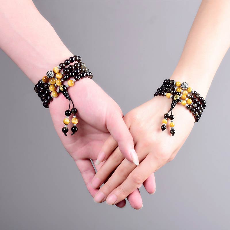 Chavri Mala-Armband mit 108 Perlen, schwarzem Obsidian, Tigerauge, Lazurit