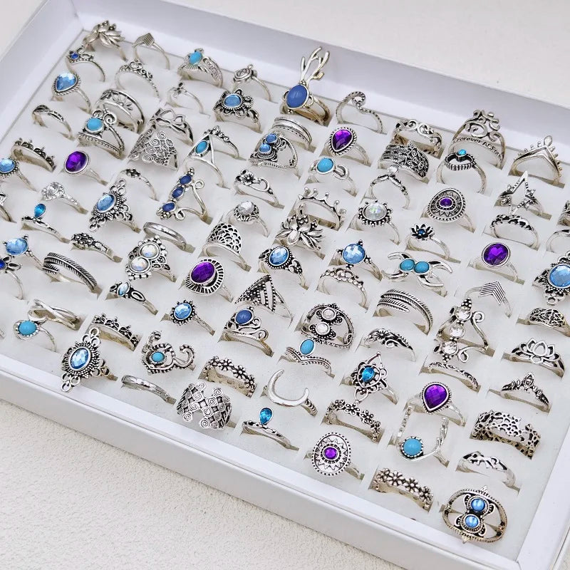 Bohemia Vintage Silber Ringe für Frauen und Mädchen, 36 Stück gemischte Legierung Krone Blume Finger Ring Charme Schmuck Geschenk Großhandel