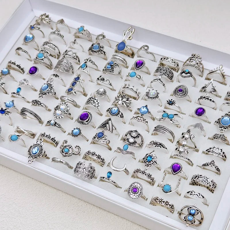 Bohemia Vintage Silber Ringe für Frauen und Mädchen, 36 Stück gemischte Legierung Krone Blume Finger Ring Charme Schmuck Geschenk Großhandel