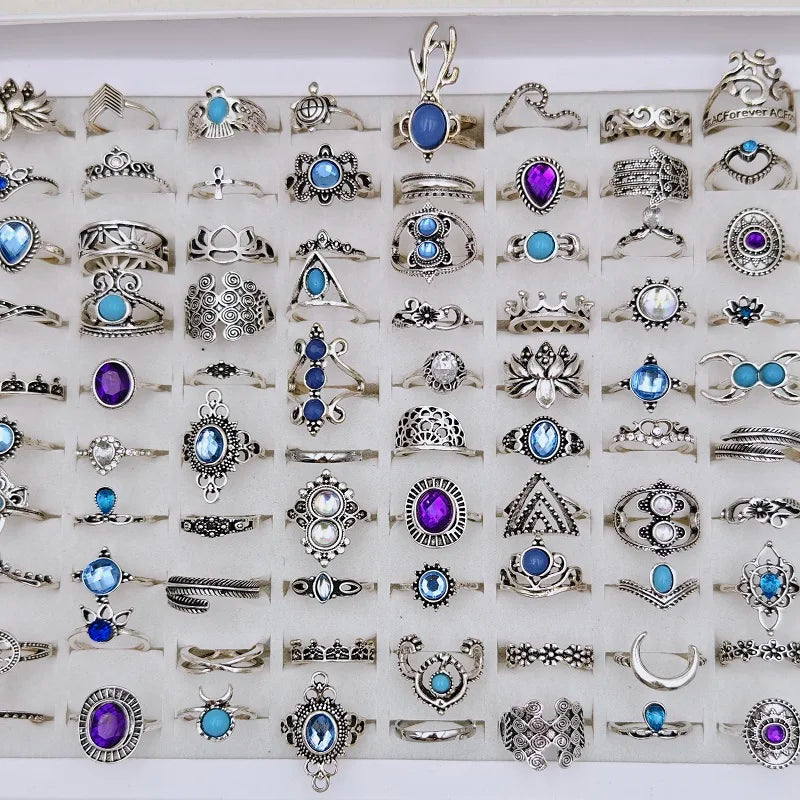 Bohemia Vintage Silber Ringe für Frauen und Mädchen, 36 Stück gemischte Legierung Krone Blume Finger Ring Charme Schmuck Geschenk Großhandel