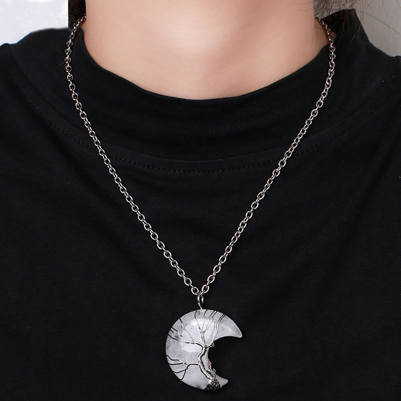 Chavri natürlicher Quarzkristall-Mondbaum des Lebens, heilender Energie-Halskettenanhänger