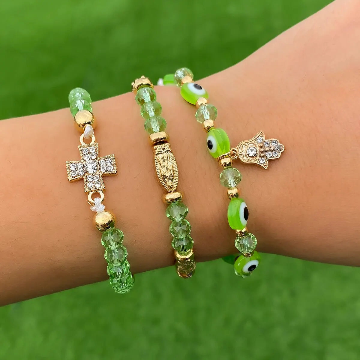 Boho Evil Eye Armbänder Set mit grünen Perlen für Frauen Sommer Kpop Hand der Fatima Elastische Armreifen Paarschmuck Geschenk