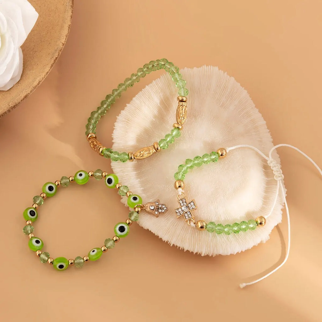 Boho Evil Eye Armbänder Set mit grünen Perlen für Frauen Sommer Kpop Hand der Fatima Elastische Armreifen Paarschmuck Geschenk