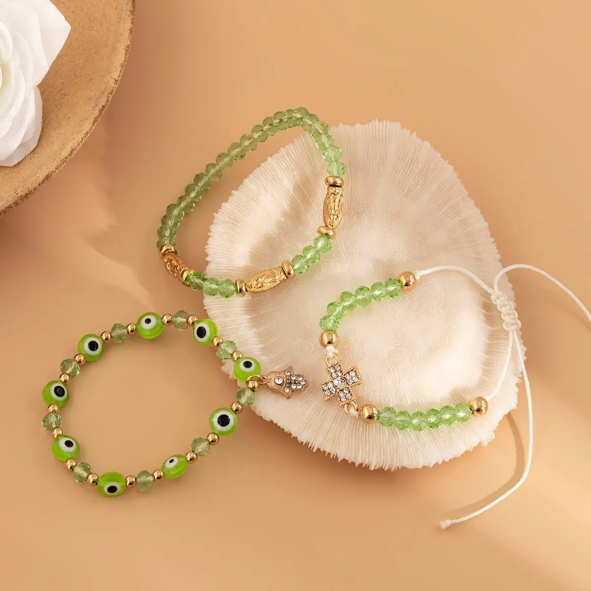 Boho Evil Eye Armbänder Set mit grünen Perlen für Frauen Sommer Kpop Hand der Fatima Elastische Armreifen Paarschmuck Geschenk