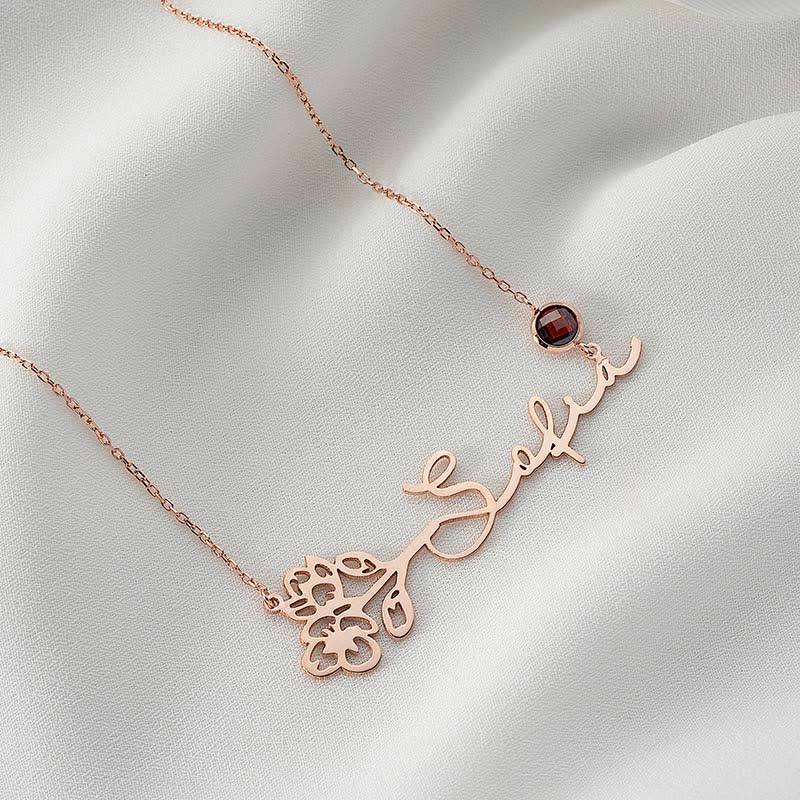 Benutzerdefinierte Horizontal Geburtsblume Geburtssteinname Halskette